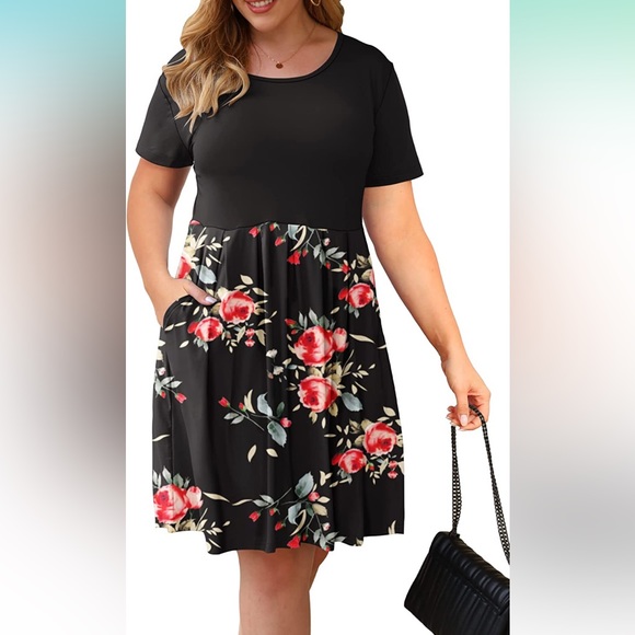 EUC AUSELILY Plus Size 22 Swing Dress Pockets Knee Length black pink rose print - Picture 1 of 7